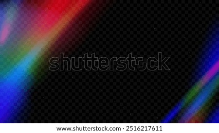 Rainbow light leak effect background. Burnt retro film bokeh overlay. Old aged photo filter template. Prism lens flare texture backdrop. Fade blur gradient photography wallpaper. Vector