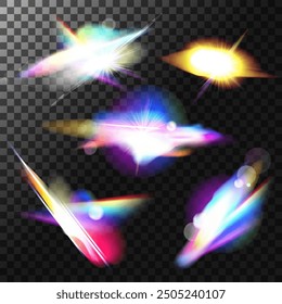 Conjunto de efectos de superposición de reflexión de fugas de luz de arco iris. Luces ópticas iridiscentes brillan. Diseño de Vector