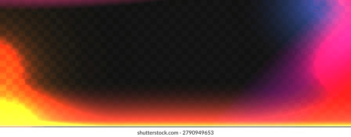 Rainbow light leak overlay. Camera flare effect for photo editing. Holographic lens distortion with sun burn gradient. Transparent vector texture in pink, yellow, orange, blue colors on black bg