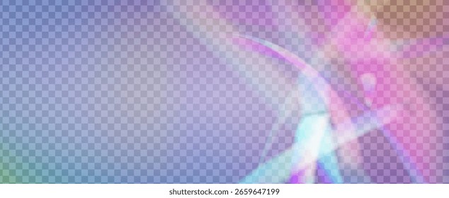 Prisma de fuga de luz de arco iris. Fondo de prisma iridiscente.  Amanece A Través De Una Lente De Vidrio Con Rayas De Bokeh Y Llamarada De Holograma. Efecto de fuga de luz de cristal.