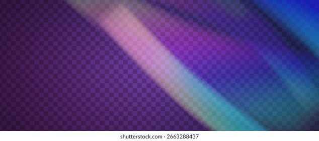 Prisma de fuga de luz de arco iris. Fondo de prisma iridiscente.  Las Rayas De La Lente En Una Superposición Holográfica Con Resplandor Abstractas Y Luz Solar. Efecto de fuga de luz de cristal.