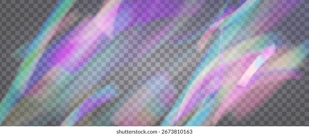 Prisma de fuga de luz de arco iris. Fondo de prisma iridiscente.  Amanece A Través De Una Lente De Vidrio Con Rayas De Bokeh Y Llamarada De Holograma. Efecto de fuga de luz de cristal.