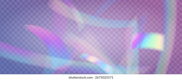Prisma de fuga de luz de arco iris. Fondo de prisma iridiscente.  Amanece A Través De Una Lente De Vidrio Con Rayas De Bokeh Y Llamarada De Holograma. Efecto de fuga de luz de cristal.