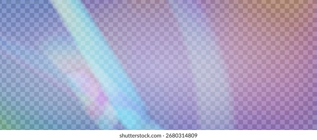 Prisma de fuga de luz de arco iris. Fondo de prisma iridiscente.  Las Rayas De La Lente En Una Superposición Holográfica Con Resplandor Abstractas Y Luz Solar. Efecto de fuga de luz de cristal.