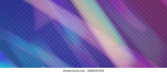 Prisma de fuga de luz de arco iris. Fondo de prisma iridiscente.  Las Rayas De La Lente En Una Superposición Holográfica Con Resplandor Abstractas Y Luz Solar. Efecto de fuga de luz de cristal.