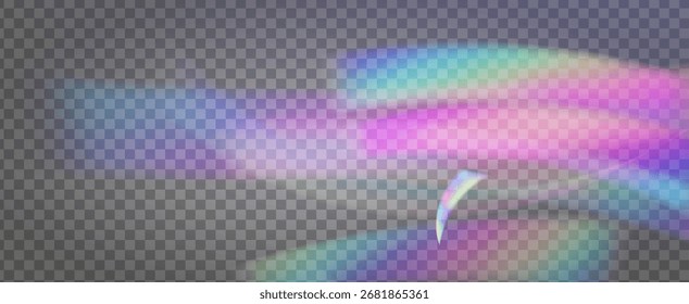 Prisma de fuga de luz de arco iris. Fondo de prisma iridiscente.  El Vector Estalló Con Un Filtrar De Luz Solar, Un Efecto De Desenfoque Y Un Haz De Cámara Brillante. Efecto de fuga de luz de cristal.