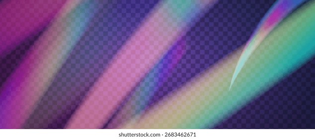 Prisma de fuga de luz de arco iris. Fondo de prisma iridiscente.  Amanece A Través De Una Lente De Vidrio Con Rayas De Bokeh Y Llamarada De Holograma. Efecto de fuga de luz de cristal.