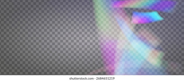 Prisma de fuga de luz de arco iris. Fondo de prisma iridiscente.  El Vector Estalló Con Un Filtrar De Luz Solar, Un Efecto De Desenfoque Y Un Haz De Cámara Brillante. Efecto de fuga de luz de cristal.