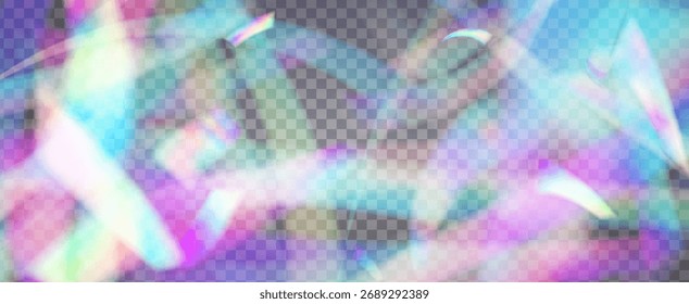 Prisma de fuga de luz de arco iris. Fondo de prisma iridiscente.  El Vector Estalló Con Un Filtrar De Luz Solar, Un Efecto De Desenfoque Y Un Haz De Cámara Brillante. Efecto de fuga de luz de cristal.