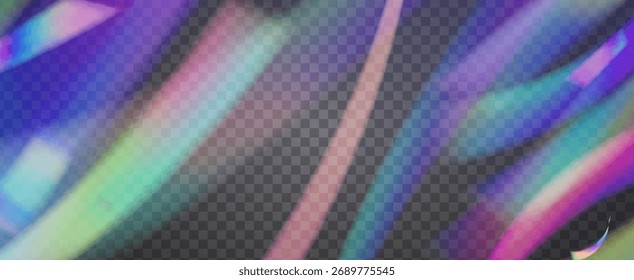 Prisma de fuga de luz de arco iris. Fondo de prisma iridiscente.  Brilla A Través De Un Filtrar De Rayas De Neón Y Brillo En Los Colores Aurora. Efecto de fuga de luz de cristal.