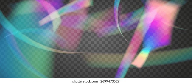 Prisma de fuga de luz de arco iris. Fondo de prisma iridiscente.  Brilla A Través De Un Filtrar De Rayas De Neón Y Brillo En Los Colores Aurora. Efecto de fuga de luz de cristal.