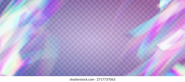 Prisma de fuga de luz de arco iris. Fondo de prisma iridiscente.  Las Rayas De La Lente En Una Superposición Holográfica Con Resplandor Abstractas Y Luz Solar. Efecto de fuga de luz de cristal.
