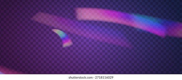 Prisma de fuga de luz de arco iris. Fondo de prisma iridiscente.  Las Rayas De La Lente En Una Superposición Holográfica Con Resplandor Abstractas Y Luz Solar. Efecto de fuga de luz de cristal.