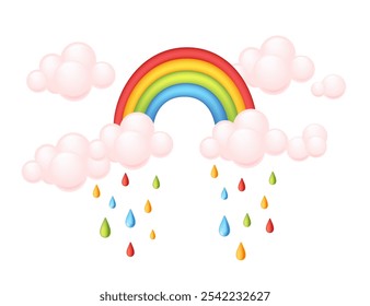 Rainbow with light pink clouds and colorful raindrops, adding a fun and lively touch to weather-themed projects, apps, or playful decor. Vector illustration.