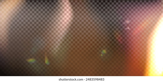 Efecto de prisma de luz de arco iris sobre fondo transparente. Reflejo de holograma, superposición de sombra de fuga de destellos de cristal. Vector eps10