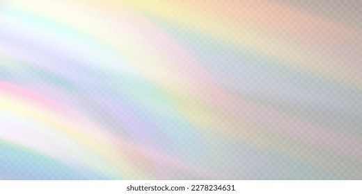 Rainbow light prism effect, transparent background. Hologram reflection, crystal flare leak shadow overlay. Vector illustration of abstract blurred iridescent light backdrop.