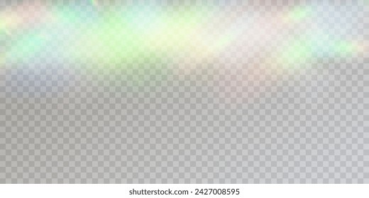 Efecto de prisma de luz de arco iris, fondo transparente. Reflejo de holograma, superposición de sombra de fuga de destellos de cristal.