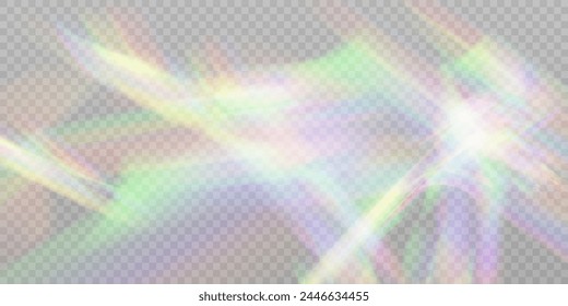 Regenbogen Licht Prismeneffekt, transparenter Hintergrund. Kristalline Blendreflexion. Abstrakter unscharfer Regenbogenlicht-Hintergrundüberlagerungseffekt.