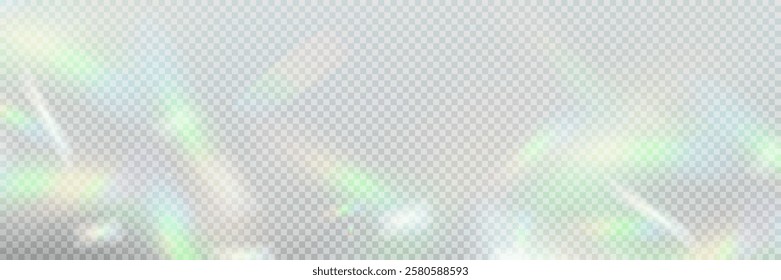 Rainbow light prism effect, transparent background. Hologram reflection, crystal flare leak shadow overlay.		
