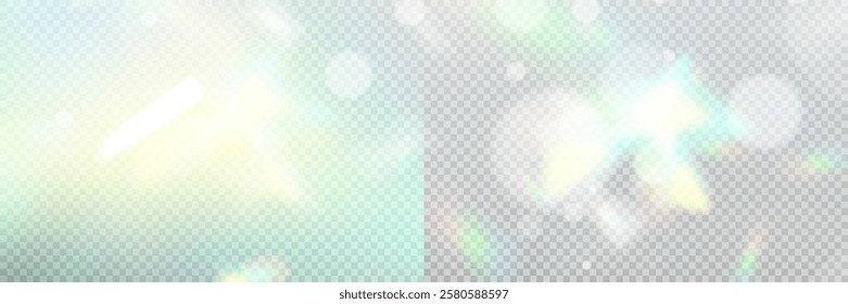 Rainbow light prism effect, transparent background. Hologram reflection, crystal flare leak shadow overlay.		