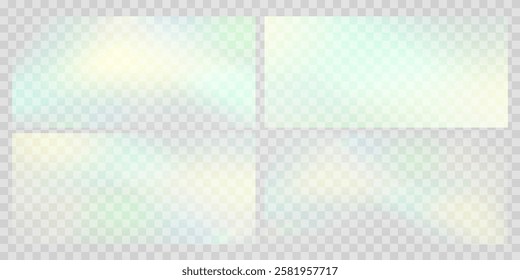 Rainbow light prism effect, transparent background. Hologram reflection, crystal flare leak shadow overlay.	