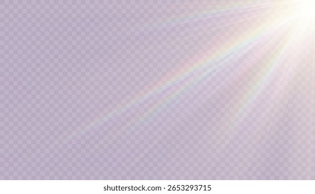 Efecto de prisma de luz de arco iris, fondo transparente. Reflejo de fuga de deslumbramiento cristalino. Abstractas efecto de superposición de fondo de luz de arco iris borroso.	
