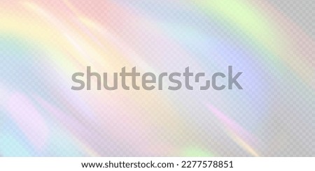 Rainbow light prism effect, transparent background. Hologram reflection, crystal flare leak shadow overlay. Vector illustration of abstract blurred iridescent light backdrop.