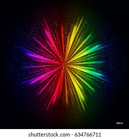 Rainbow Light Rays Background, Vector Abstract Colorful Burst.