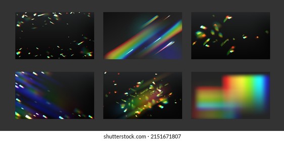 Rainbow Light Rays, Lens Flare, Reflection Effect From Crystal, Glass Or Gem. Vector Realistic Illustration Set Of Light Leak Effect With Spectrum Glare, Prism Refraction, Lens Flare