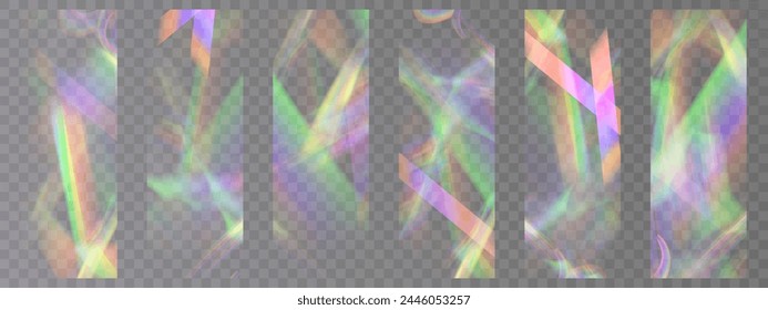 Rainbow light rays, lens flare, reflection effect from crystal, glass or gem. Vector realistic illustration set of light leak effect with spectrum glare, prism refraction, lens flare