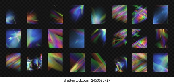 Rainbow light rays, lens flare, reflection effect from crystal, glass or gem. Vector realistic illustration set of light leak effect with spectrum glare, prism refraction, lens flare