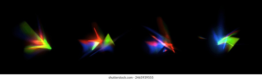 Rayos de luz de arco iris, destello de lente, efecto de reflexión de cristal, vidrio o gema. Vector conjunto de ilustración realista de efecto de fuga de luz con deslumbramiento de espectro, refracción de prisma, destello de lente	
