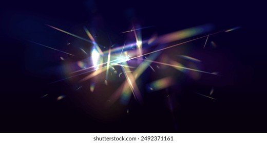 Rayos de luz de arco iris, destello de lente, efecto de reflexión de cristal, vidrio o gema. Reflejo del material de fondo de la luz brillante.	