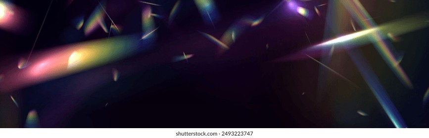 Rayos de luz de arco iris, destello de lente, efecto de reflexión de cristal, vidrio o gema. Reflejo del material de fondo de la luz brillante.	