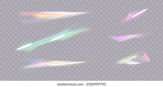 Raios de luz do arco-íris, clarão de lente, efeito de reflexão de cristal, vidro ou joia. Conjunto de ilustrações realista de vetor de efeito de vazamento de luz com brilho de espectro, refração de prisma, flare de lente
