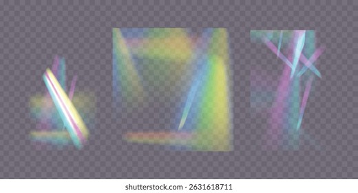 Rayos de luz del arco iris, destello de la lente, efecto de reflexión de cristal, vidrio o gema. Conjunto de ilustración realista de Vector de efecto de fuga de luz con deslumbramiento de espectro, refracción de prisma, destello de lente