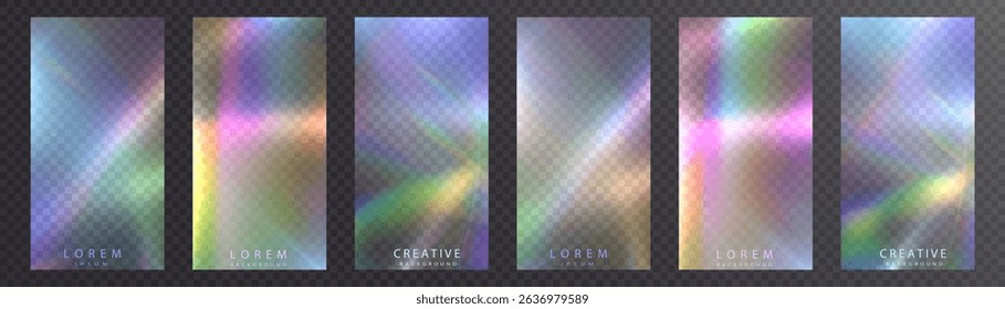 Rainbow light rays, lens flare, reflection effect from crystal, glass or gem. Vector realistic illustration set of light leak effect with spectrum glare, prism refraction, lens flare	