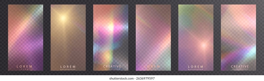 Rainbow light rays, lens flare, reflection effect from crystal, glass or gem. Vector realistic illustration set of light leak effect with spectrum glare, prism refraction, lens flare	
