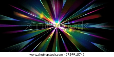 Rainbow light speed motion effect, starburst prism flare on black background abstract vector illustration. 3d explosion with holographic spectrum gradient, radial halo lines, glowing rays and beams