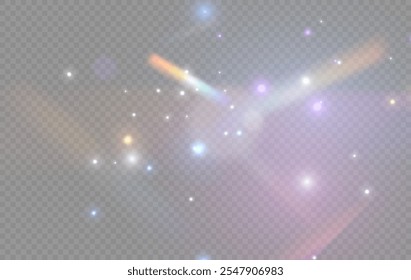 Rainbow light and white dust. The crystal shimmers with a rainbow effect. Background with bokeh light effect. Gorgeous Christmas glowing dust background.