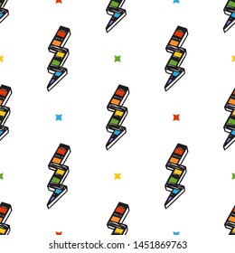 Rainbow Lightning Bolts Vector Seamless Pattern. Background with Doodle Lightning Bolt Signs, Thunderbolts, Energy Thunder bolt, Warning Symbol illustration