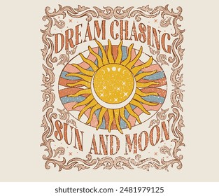 Rainbow line artwork. Dream chasing. sun moon. Flower artwork for t shirt print, poster, sticker, background and other uses.