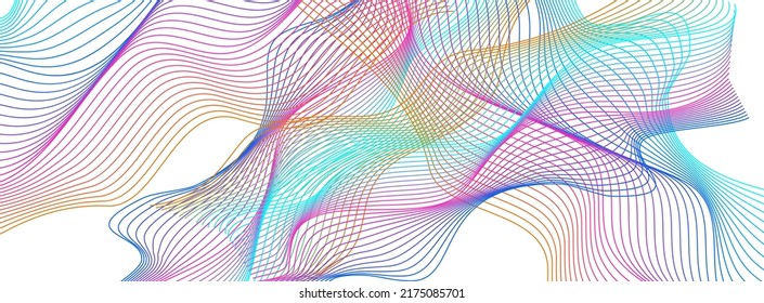 Vector blanco de fondo de la línea arcoiris. Ilustración aislada. Warp de ondas sonoras multicolores. Diseño de amplitud de onda. Contorno circular degradado.