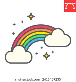 Rainbow line color icon, St. Patrick's Day and weather, rainbow with clouds vector icon, vector graphics, editable stroke outline sign, eps 10.