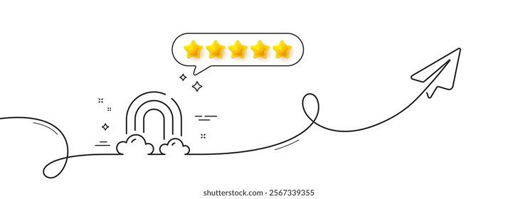 Rainbow line icon. Continuous line with share plane. Cloud sky with iridescent light sign. Weather phenomenon symbol. Five star rate review in speech bubble. Rainbow single line ribbon. Vector