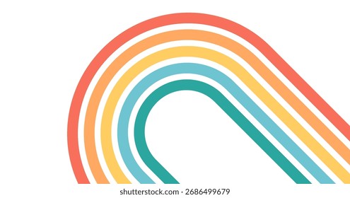 Rainbow line retro background, groovy arch pattern. Abstract curvy vintage, colorful parallel stripes. Wavy rainbow palette print. Geometric shape element isolated on white bg. Vector illustration