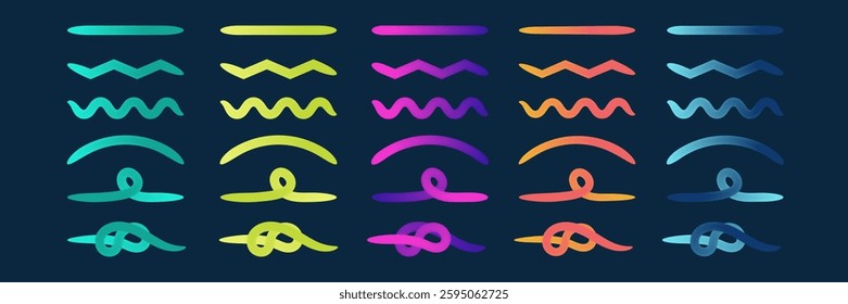 Rainbow Line Shapes. Color Gradient  Decorative Elements. Wavy Ribbons and Knots. Vector on black background