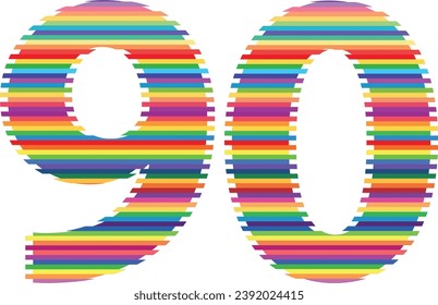 rainbow lines number ninety vector illustration, isolated on white background.