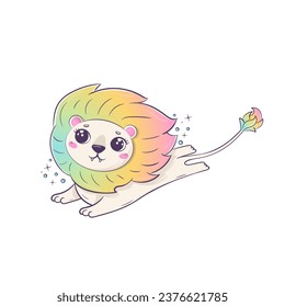 Regenbogen-Löwe springt. Funny Cartoon kawaii Charakter einzeln auf weißem Hintergrund