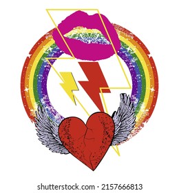Rainbow, lips and hearts t-shirt design isolated on white. Vector illustration for gay pride day.